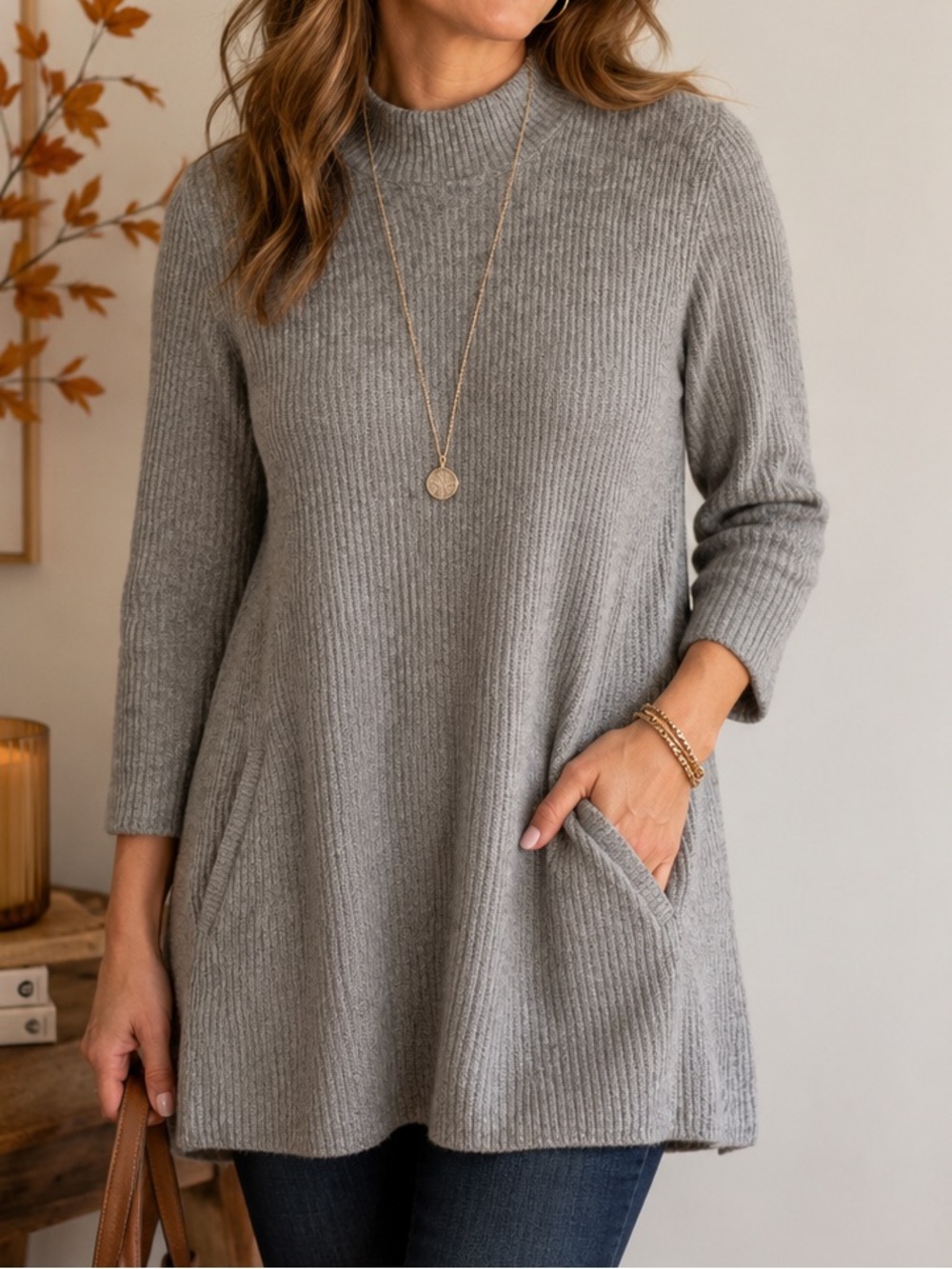 Peck & Peck Luxury Grey Ribbed Cashmere Pocketed Tunic Sweater Medium